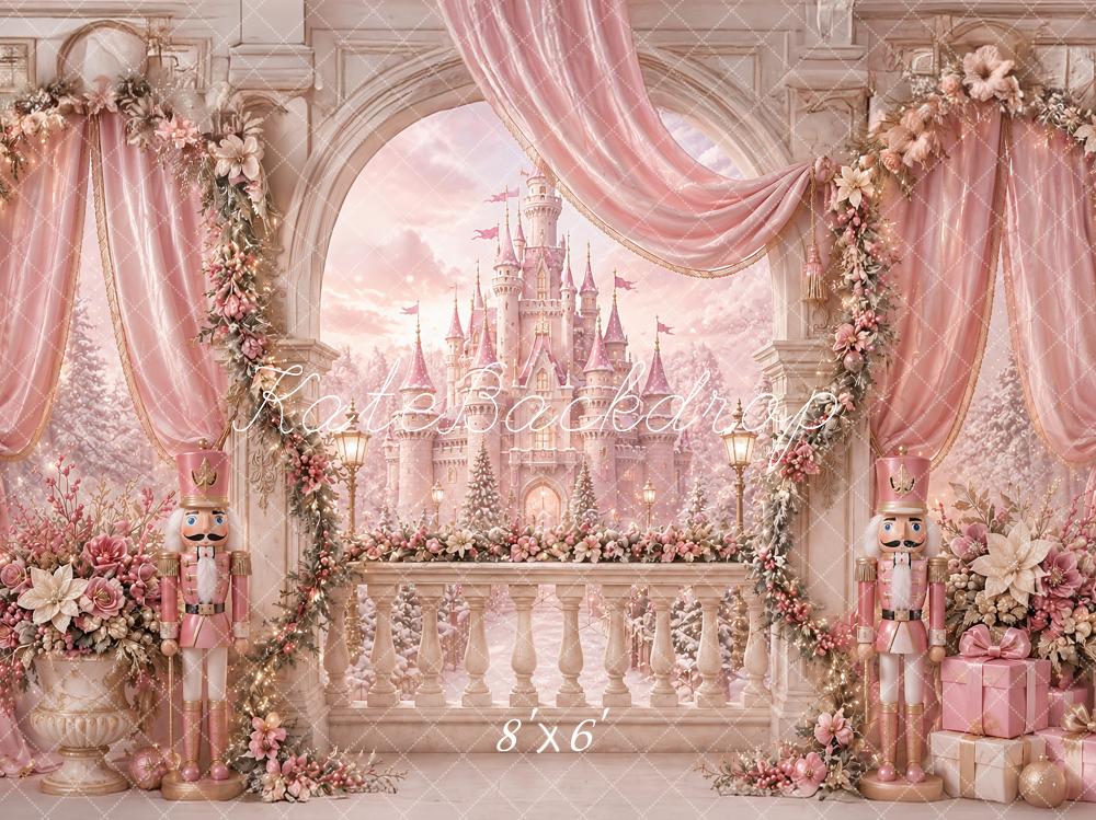 Kate Christmas Pink Castle Arch Nutcracker Drapery Flowers Printed Backdrop Designed by Ashley Paul