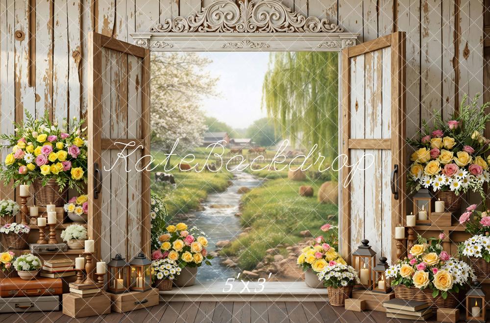 Kate Spring Rustic Door Spring Flowers River View Backdrop Designed by Mini MakeBelieve