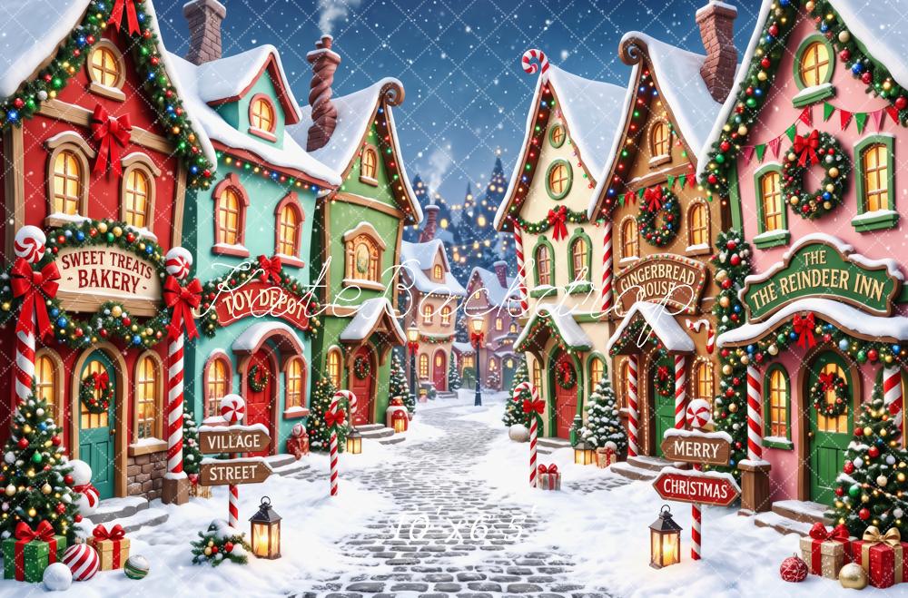 Kate Christmas Whimsical Snowy Village Street Candy Cane Garland Printed Backdrop Designed by Patty Roberts
