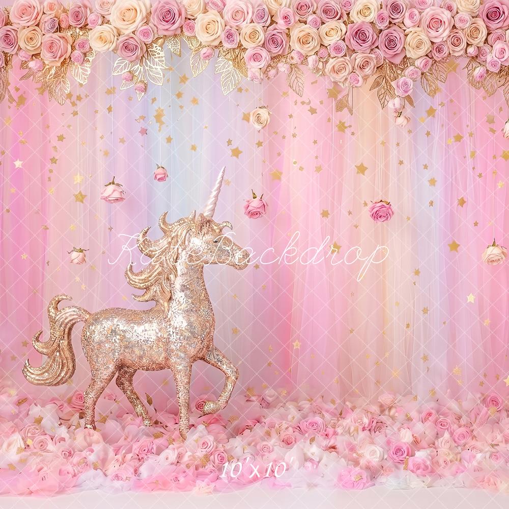Kate Fantasy Cake Smash Gold Unicorn Pink Rose Curtains Printed Backdrop Designed by Angela Miller
