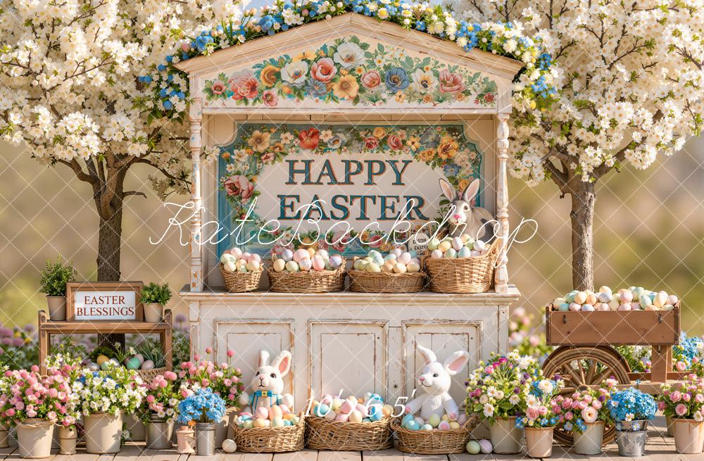 Kate Easter Bunny Floral Market Eggs Baskets Cherry Blossom Printed Backdrop Designed by Emetselch