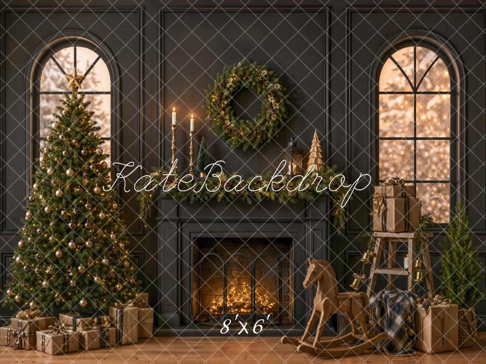 Kate Christmas Fireplace Tree Rocking Horse Wreath Gifts Black Printed Backdrop Designed by Emetselch