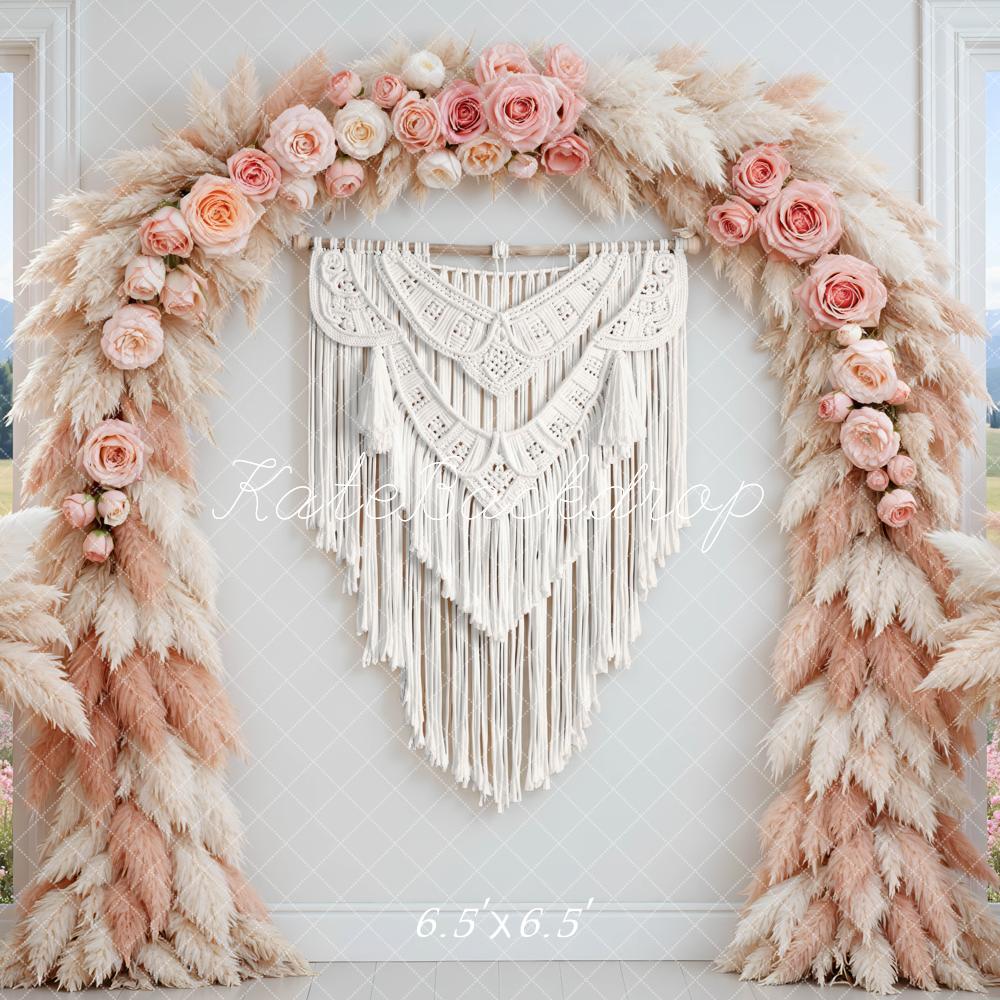 Kate Mother's Day Flower Arch Pink Pampas Macrame Printed Backdrop Designed by Mini MakeBelieve