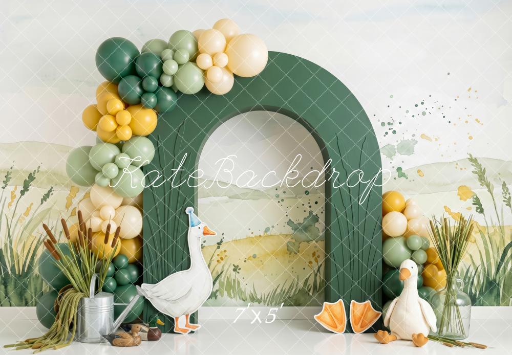 Kate Spring Birthday Green Garden Arch Geese Balloon Garland Printed Backdrop Designed by Patty Roberts