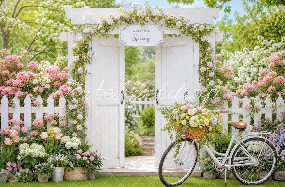 Kate Spring Garden Gate Flower Arch Bicycle Fence Printed Backdrop Designed by Emetselch