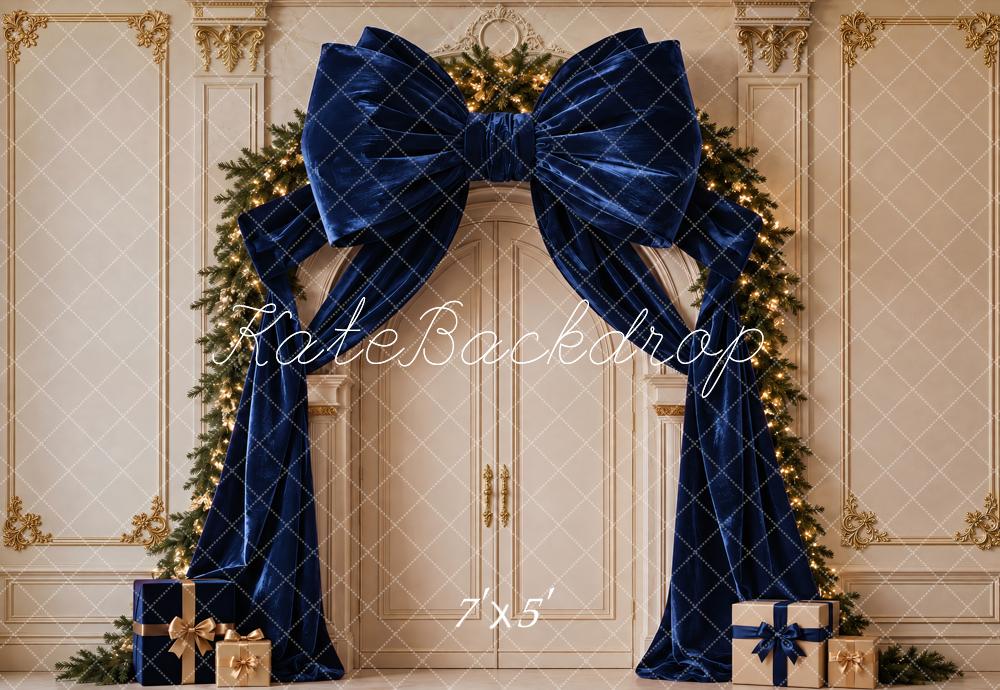 Kate Christmas Navy Velvet Bow Garland Arch Vintage Printed Backdrop Designed by Vertigo Productions