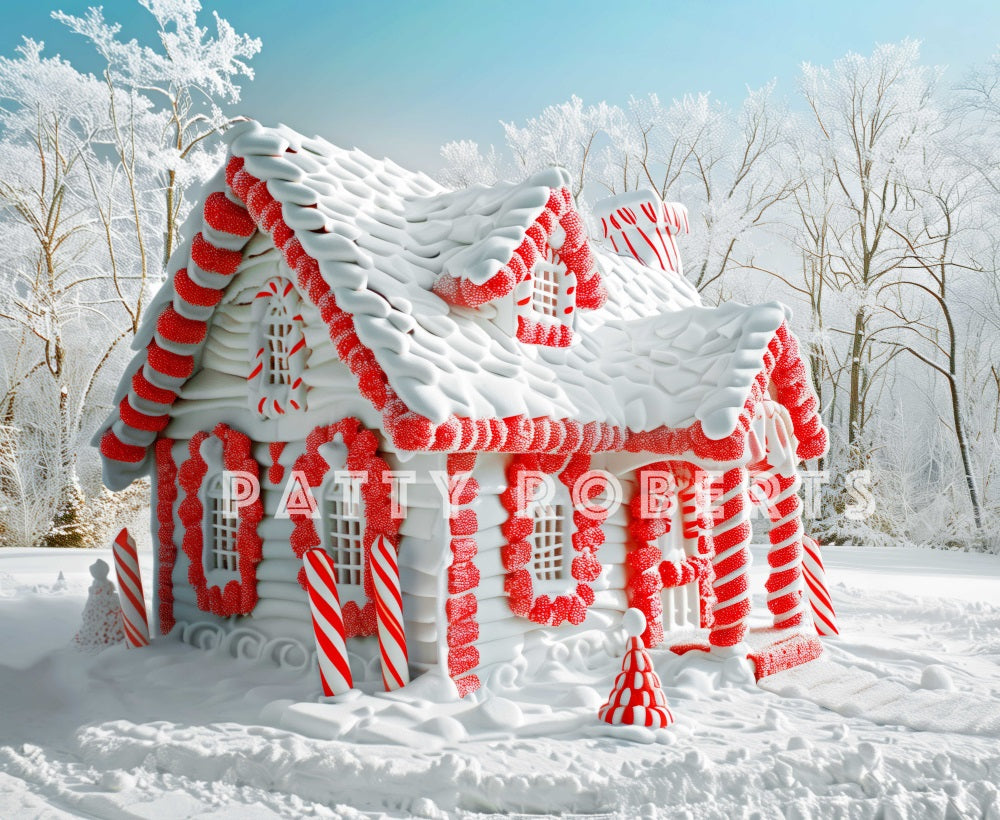 Kate Christmas Snow Covered House Candy Canes Backdrop Designed by Patty Robert