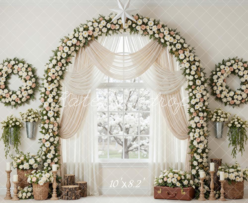 Kate Spring Flower Arch Wreath Window Drapes Printed Backdrop Designed by Mini MakeBelieve