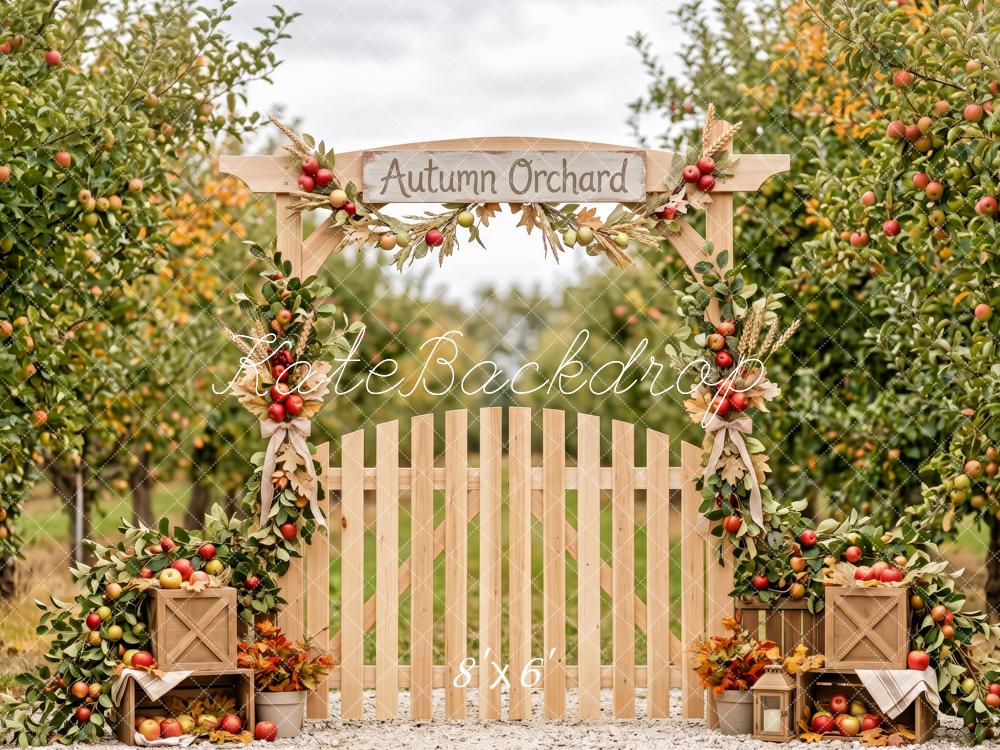 Kate Fall Apple Orchard Gate White Picket Fence Printed Backdrop Designed by Patty Roberts
