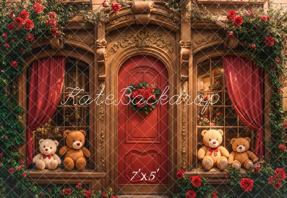 Kate Retro Arch Wooden Teddy Bear Roses Door Backdrop Designed by Emetselch