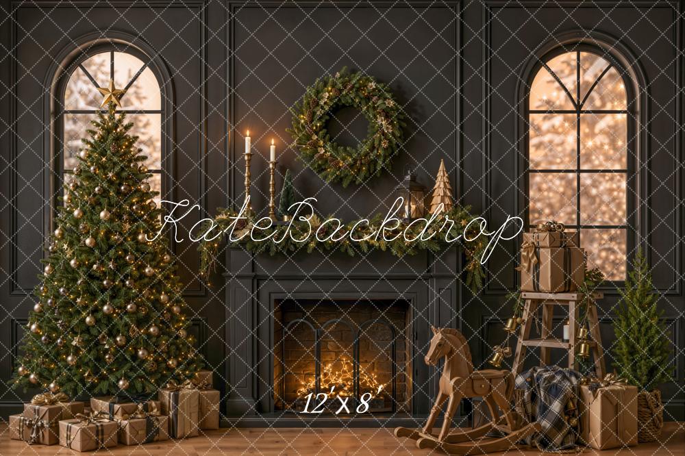 Kate Christmas Fireplace Tree Rocking Horse Wreath Gifts Black Printed Backdrop Designed by Emetselch