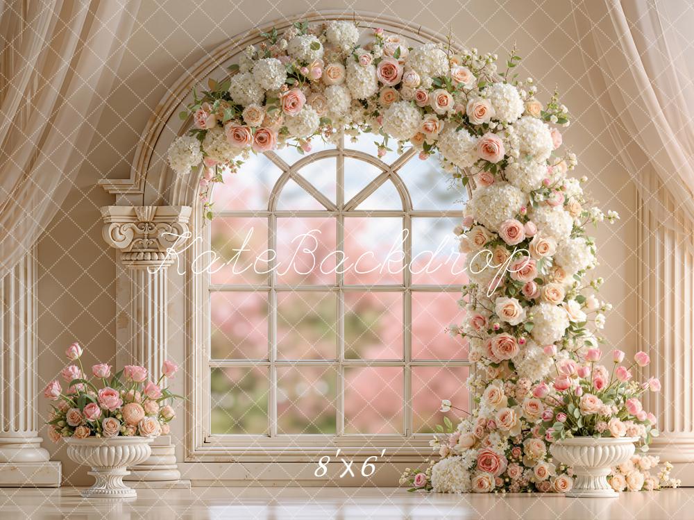 Kate Spring Flower Arch Window Retro Columns Printed Backdrop Designed by Emetselch