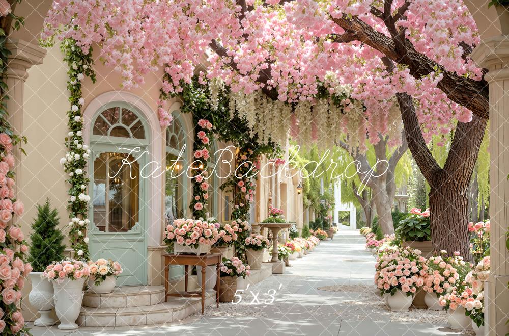 Kate Spring Pink Flower Arch Cherry Blossom Garden Printed Backdrop Designed by Mini MakeBelieve