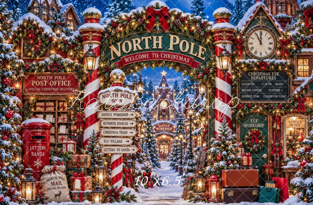 Kate Christmas North Pole Entrance Archway Snowy Workshop Printed Backdrop Designed by Patty Roberts