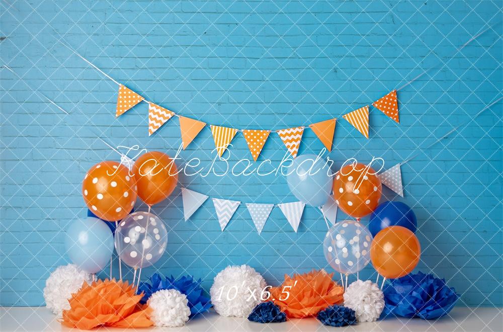 Cake Smash Blauw Oranje Ballon Foto Achtergrond Ontworpen door Mandy Ringe Photography (Only Up To 10x6.5)