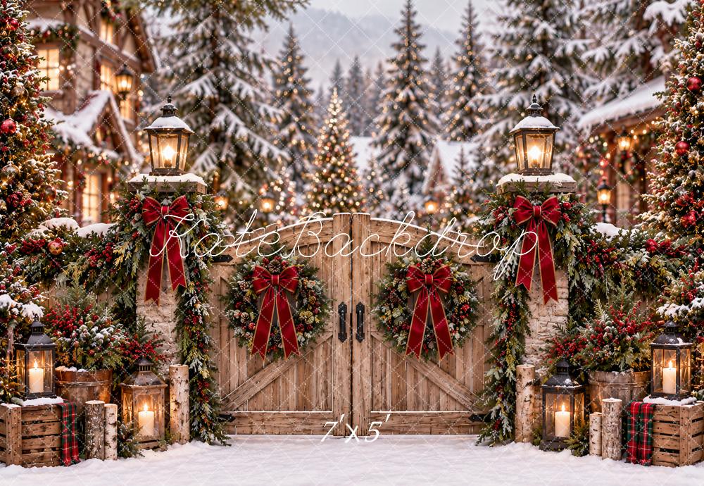 Kate Christmas Wooden Gate Snowy Village Red Bows Trees Printed Backdrop Designed by Ashley Paul