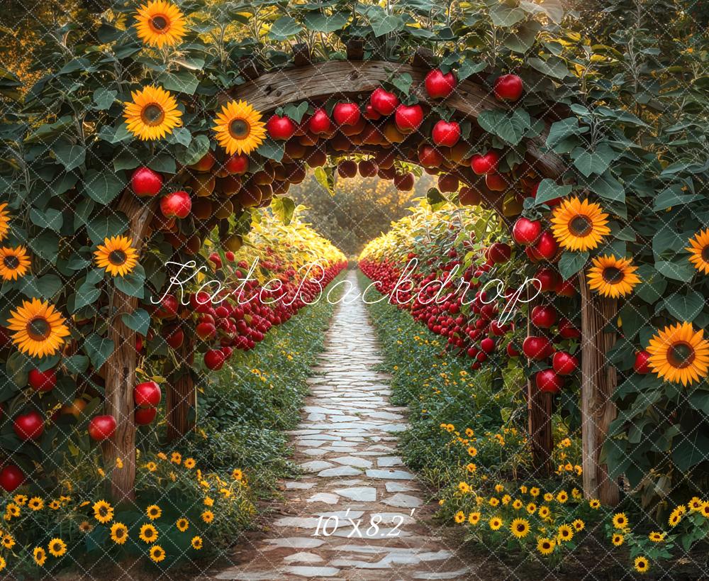 Kate Fall Sunflower Archway Red Apples Cobblestone Path Backdrop Designed by Mini MakeBelieve