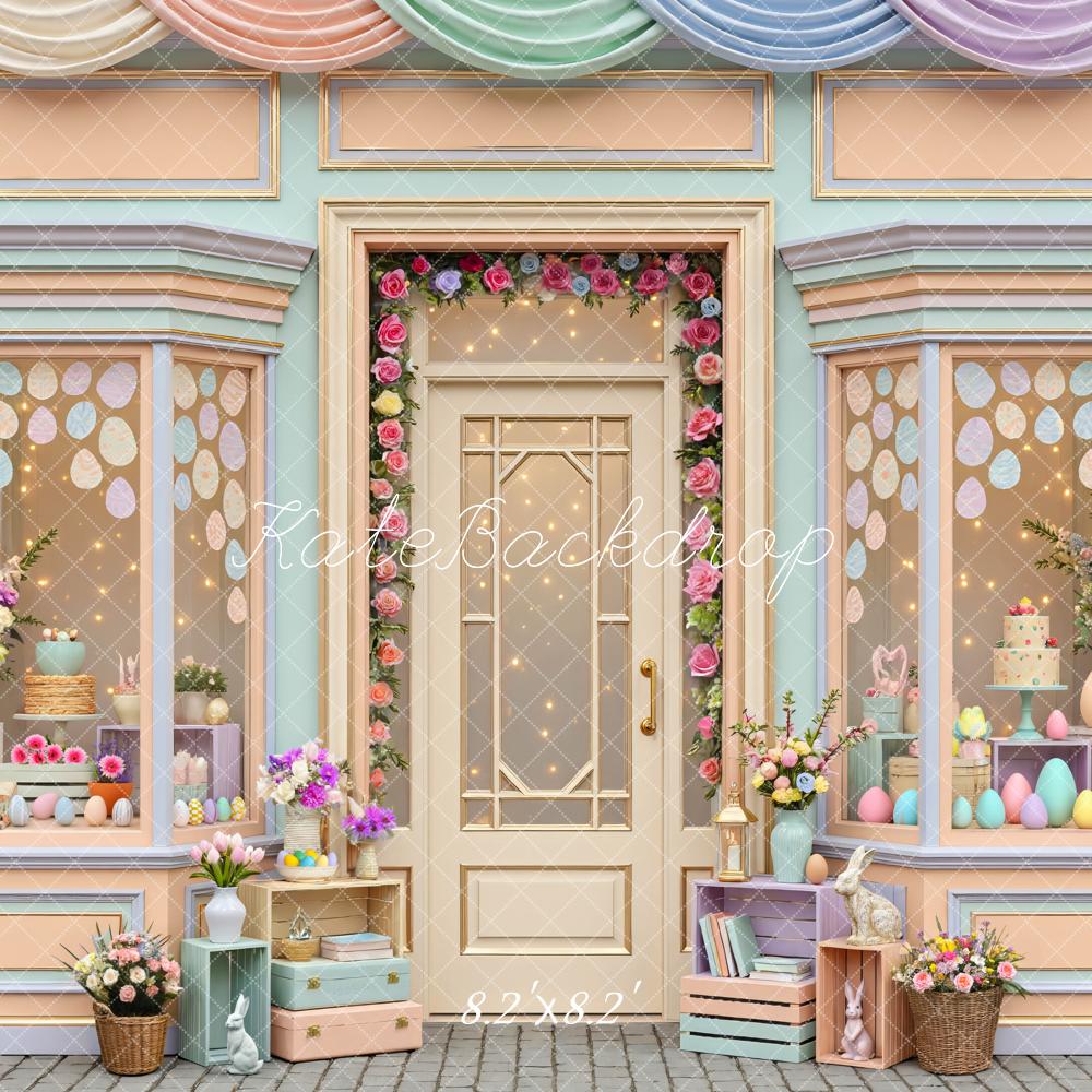 Kate Easter Bunny Pastel Storefront Flower Arch Printed Backdrop Designed by Mini MakeBelieve