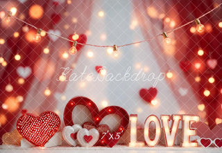 Kate Valentines Red Hearts LOVE Bokeh Lights Printed Backdrop Designed by Emetselch
