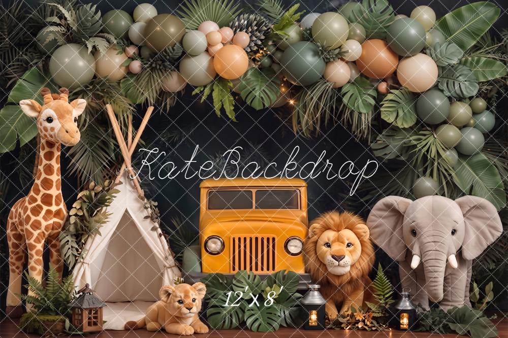 Kate Cake Smash Jungle Jeep Balloon Animals Printed Backdrop Designed by Chain Photography