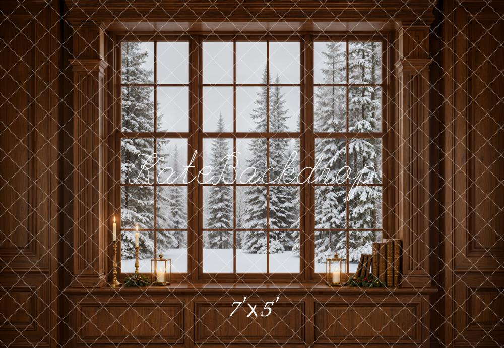Kate Winter Window Snowy Pine Trees Vintage Wall Printed Backdrop Designed by Emetselch