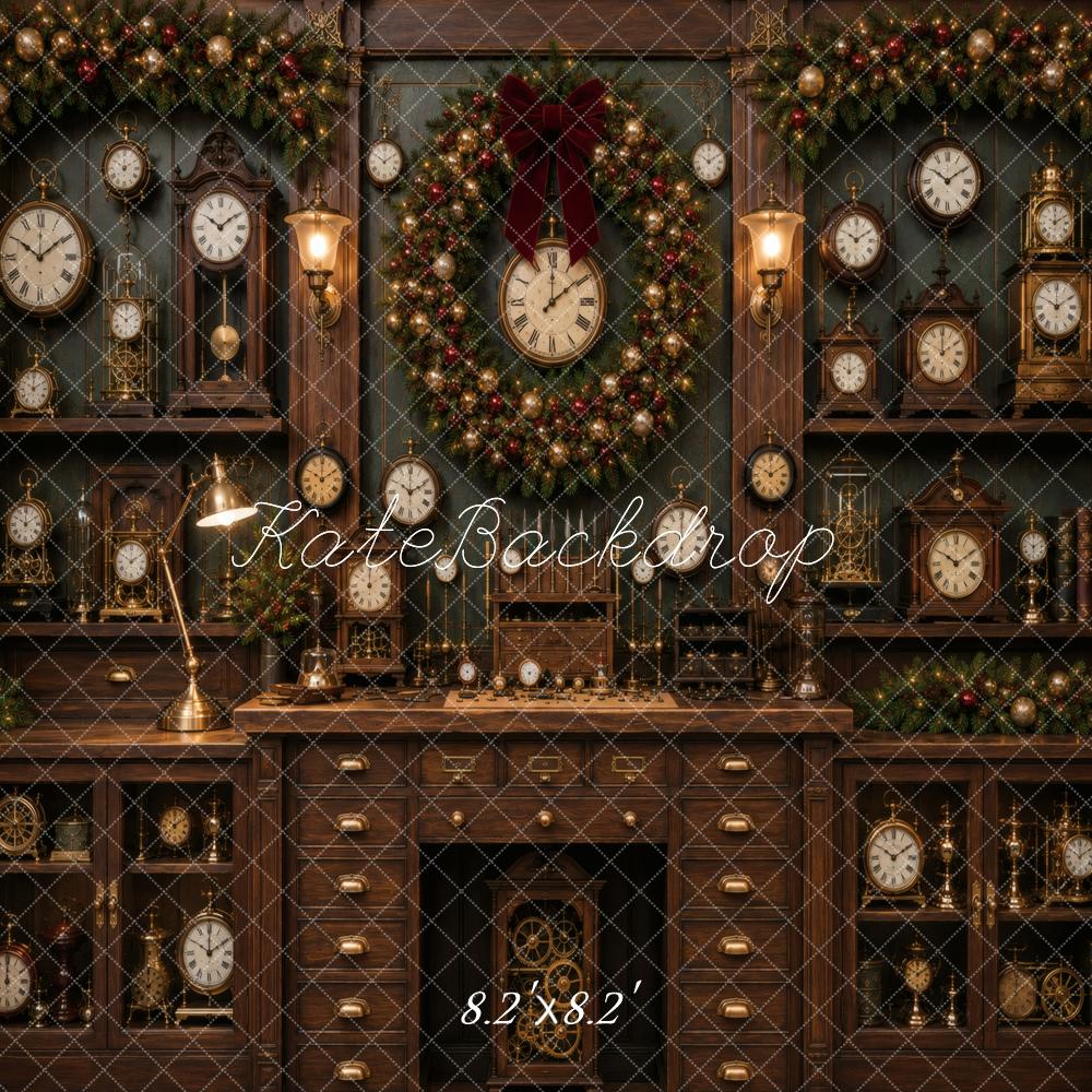 Kate Christmas Garland Vintage Clocks Cabinet Printed Backdrop Designed by Vertigo Productions