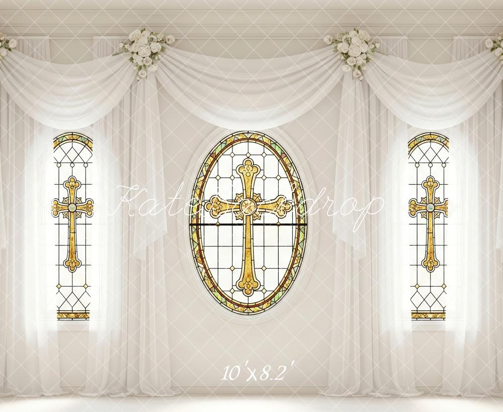 TEST Kate Stained Glass Cross Window White Drapes Floral Backdrop Designed by Patty Roberts