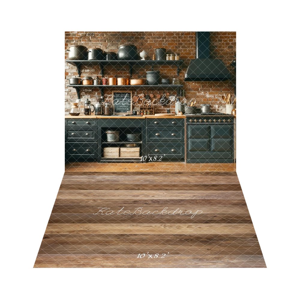 Kate Rustic Kitchen Brick Wall Shelves Stove Cookware Backdrop+Brown Wood Plank Floor Backdrop
