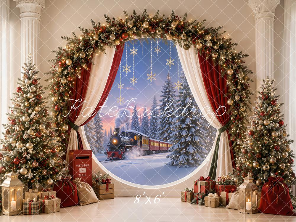 Kate Christmas Polar Train Garland Decorated Trees Red Curtains Printed Backdrop Designed by Emetselch