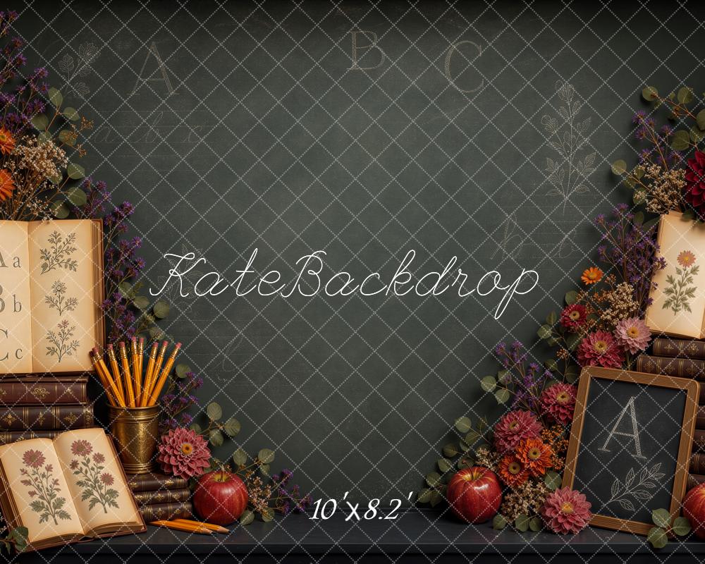 Kate Back to School Chalkboard Books Flowers Apples Printed Backdrop Designed by Ashley Ward