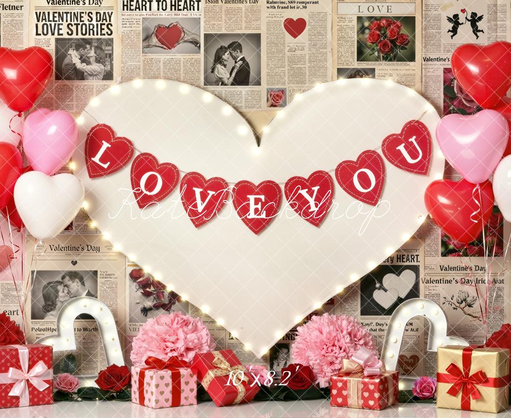 Kate Valentine's Day Heart Balloons Newspaper LOVE Backdrop Designed by Emetselch