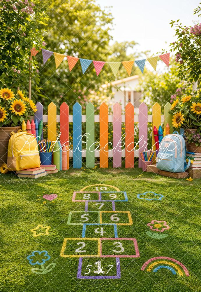 Kate Back to School Colorful Fence Hopscotch Playground Kids Printed Backdrop Designed by Emetselch