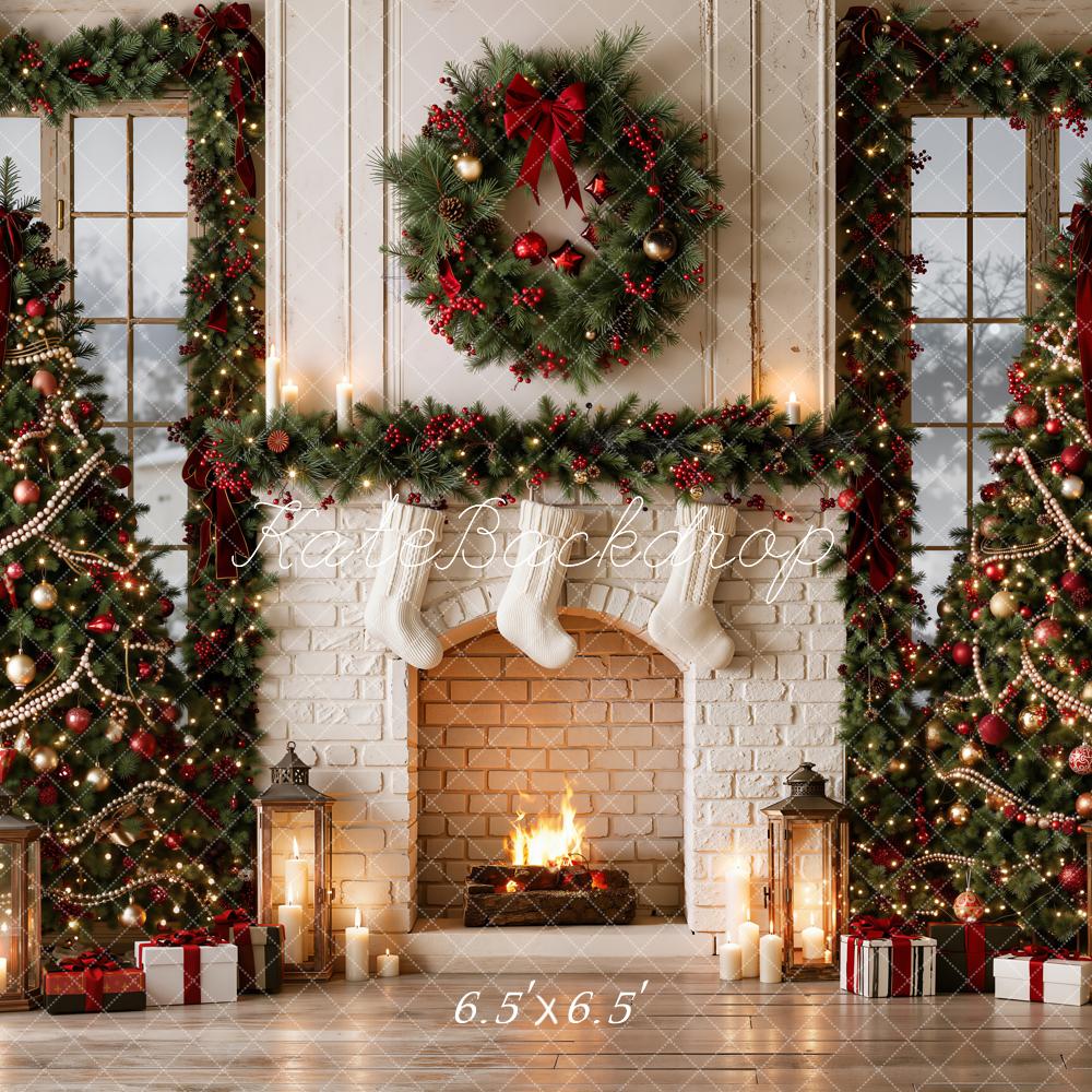 Kate Christmas Fireplace Christmas Trees Wreath Garland Pearl Red Ribbon Printed Backdrop Designed by Emetselch