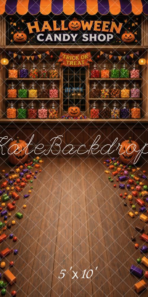 Kate Sweep Halloween Candy Shop Pumpkins Shelves Printed Backdrop Designed by Vertigo Productions