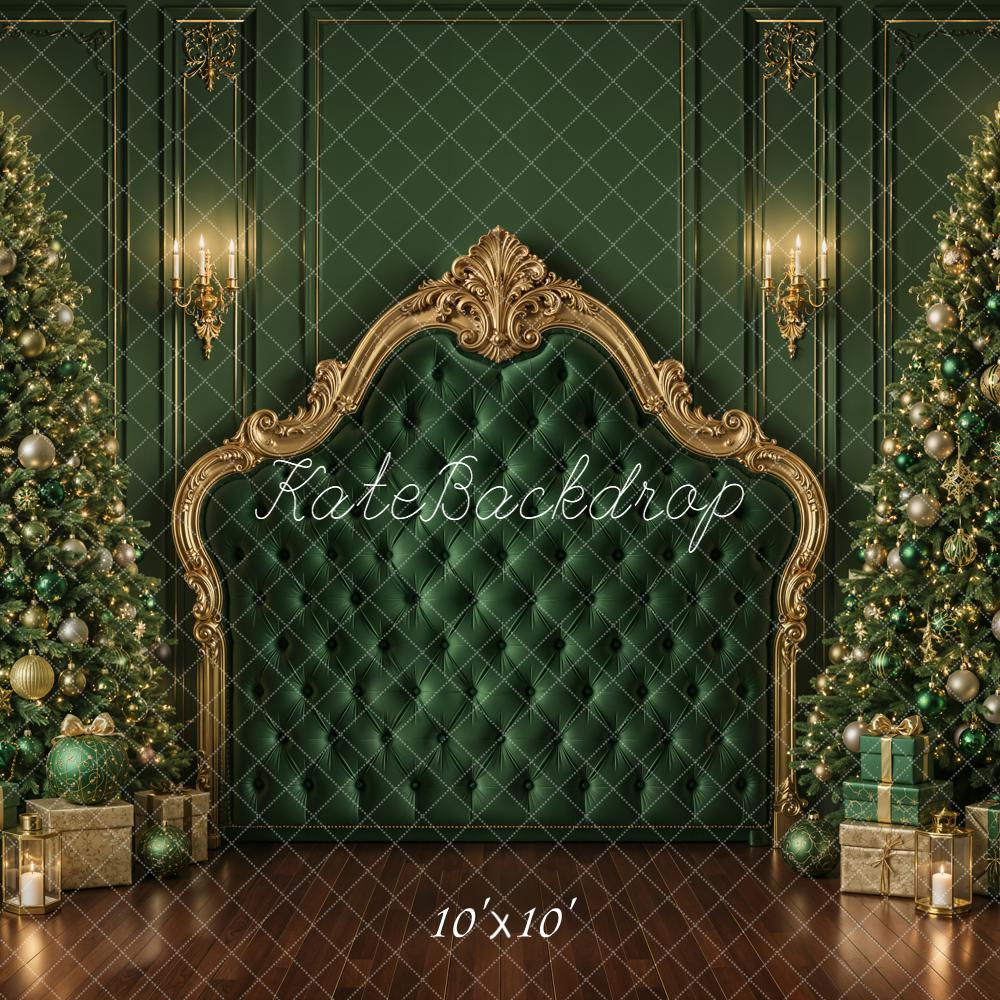 Kate Christmas Green Royal Upholstered Headboard Christmas Tree Printed Backdrop Designed by Emetselch