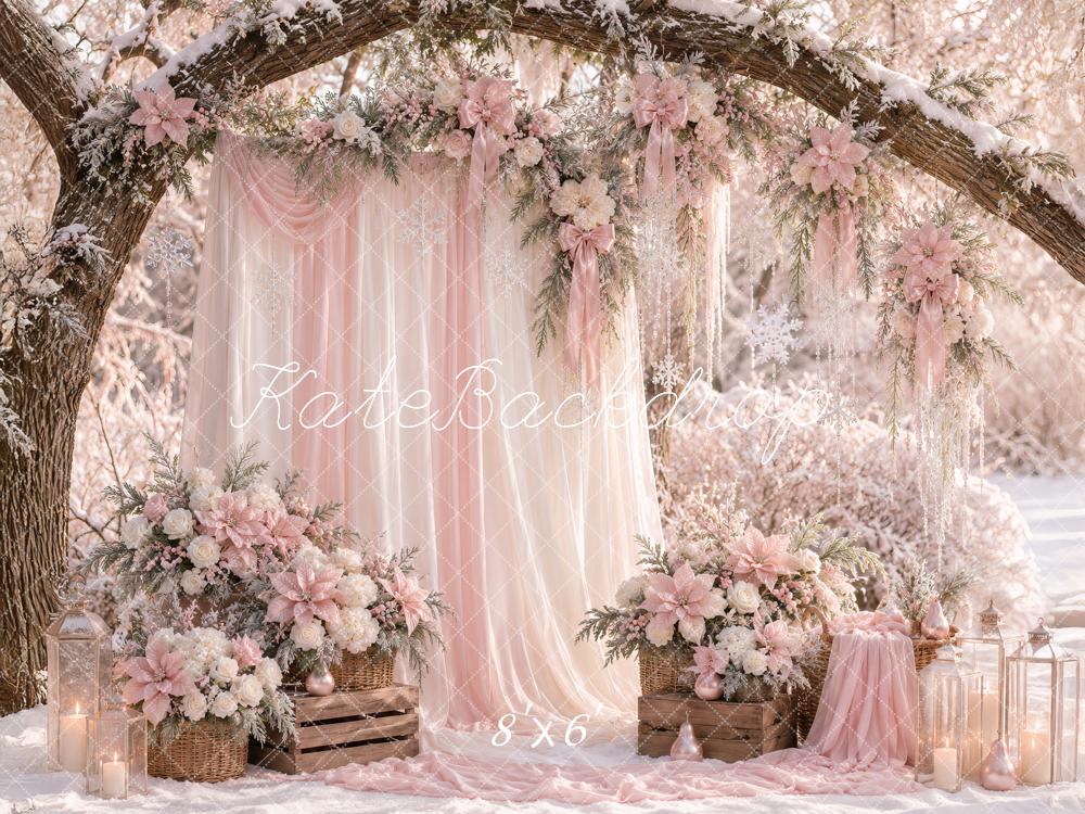 Kate Winter Pink Flower Branch Arch Snowy Outdoor Printed Backdrop Designed by Ashley Paul
