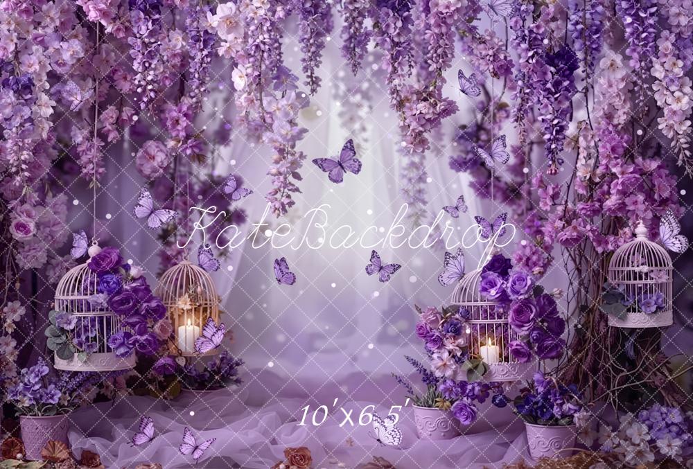 Kate Spring Purple Flower Arch Butterflies Birdcages Printed Backdrop Designed by Emetselch