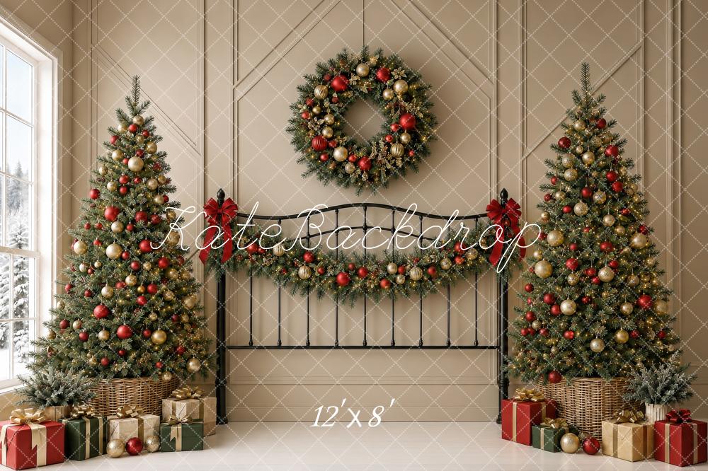 Kate Christmas Headboard Trees Wreath Garland Beige Wall Printed Backdrop Designed by Shutter Swan Studios