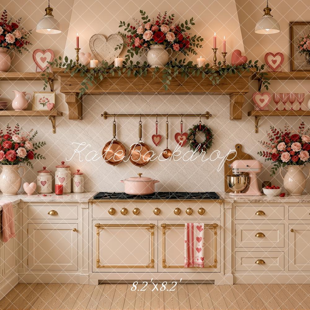 Kate Valentine's Day L-shaped Kitchen Floral Heart White Cabinets Printed Backdrop Designed by Ashley Ward