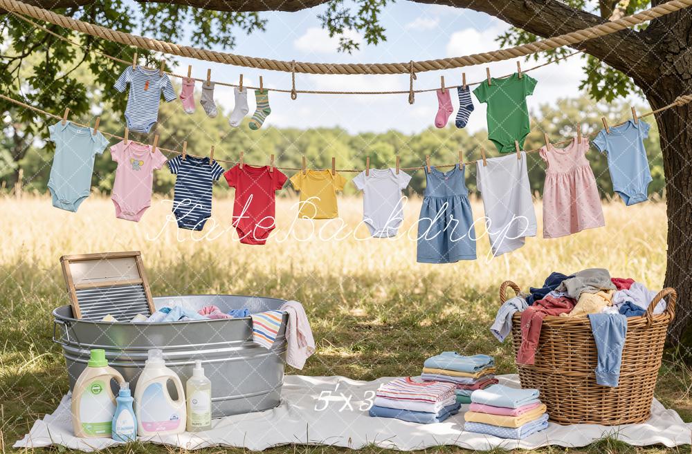 Kate Outdoor Clothesline Baby Laundry Picnic Scene Printed Backdrop Designed by Emetselch