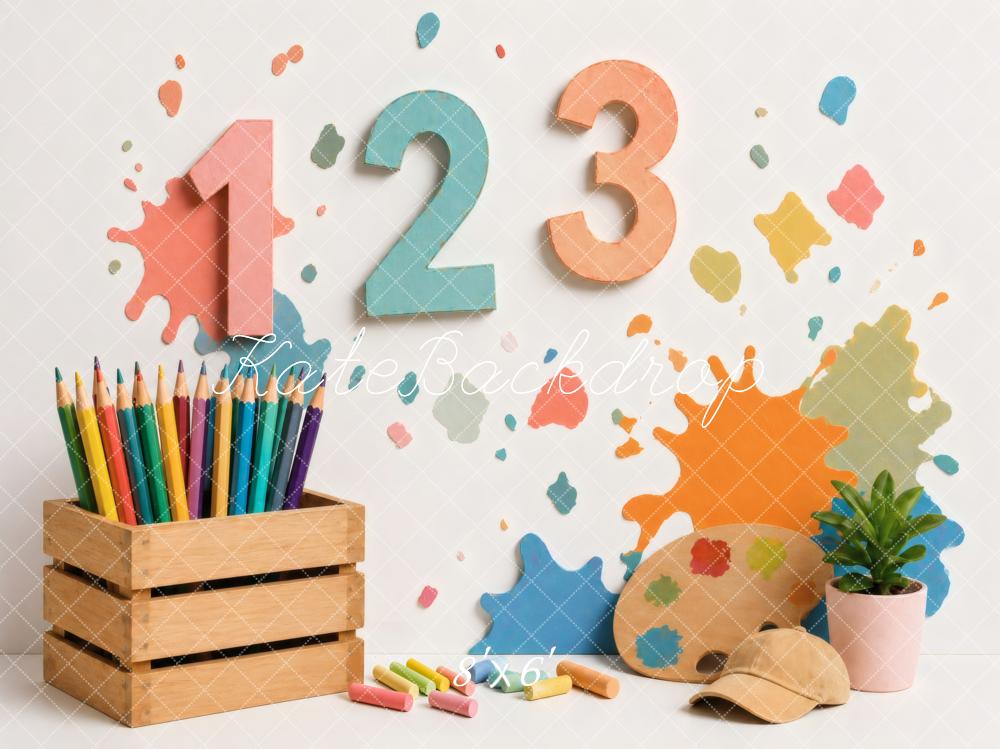 Kate Back To School Numbers Paint Splash Art Supplies Printed Backdrop Designed by Vertigo Productions