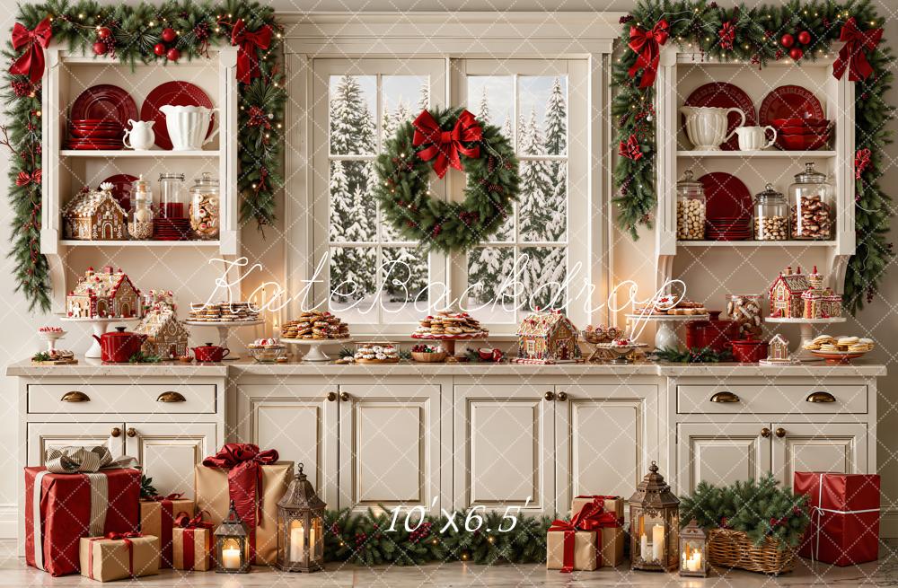 Kate Christmas Kitchen Gingerbread Garland Wreath Gifts Printed Backdrop Designed by Emetselch