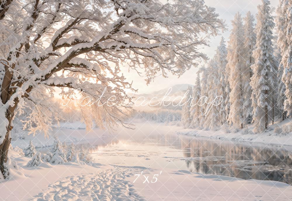 Kate Winter Snowy Forest Lake Sunrise Printed Backdrop Designed by Emetselch