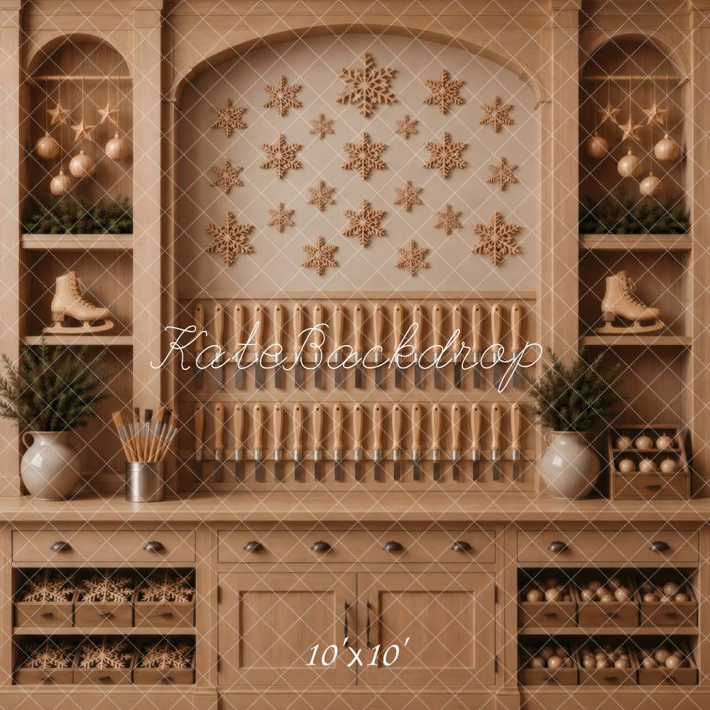 Kate Christmas Brown Cabinet Snowflakes Ornaments Trees Printed Backdrop Designed by Vertigo Productions