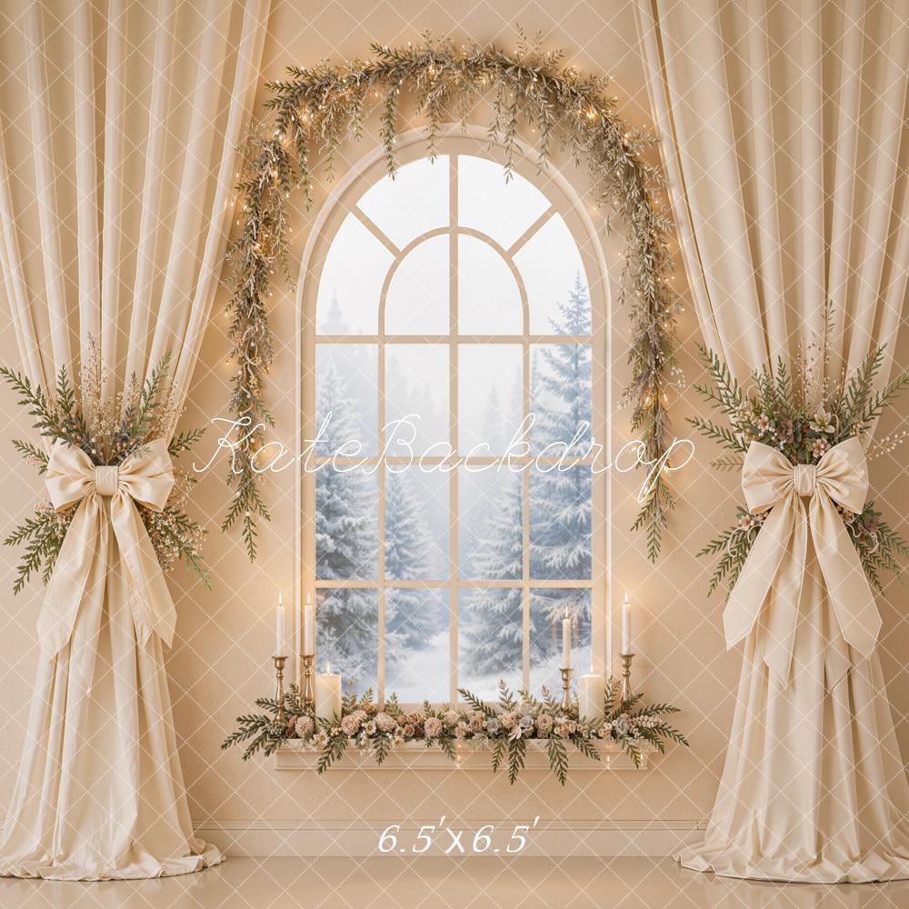 Kate Christmas Beige Drapes Flower Arch Window Printed Backdrop Designed by Emetselch