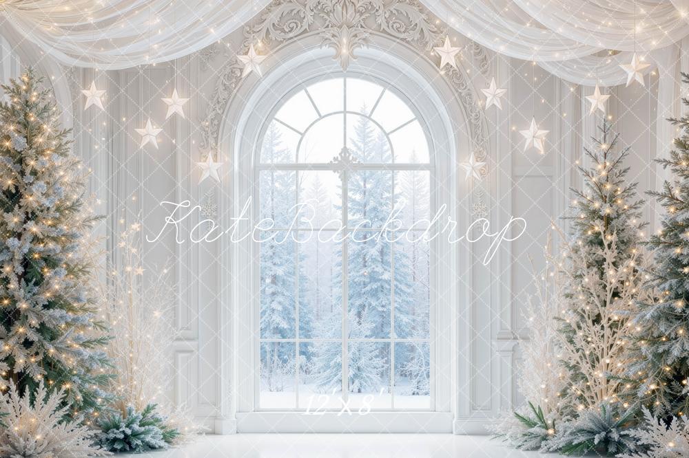 Kate Christmas Snowy Window Trees Hanging Stars Printed Backdrop Designed by Mini MakeBelieve