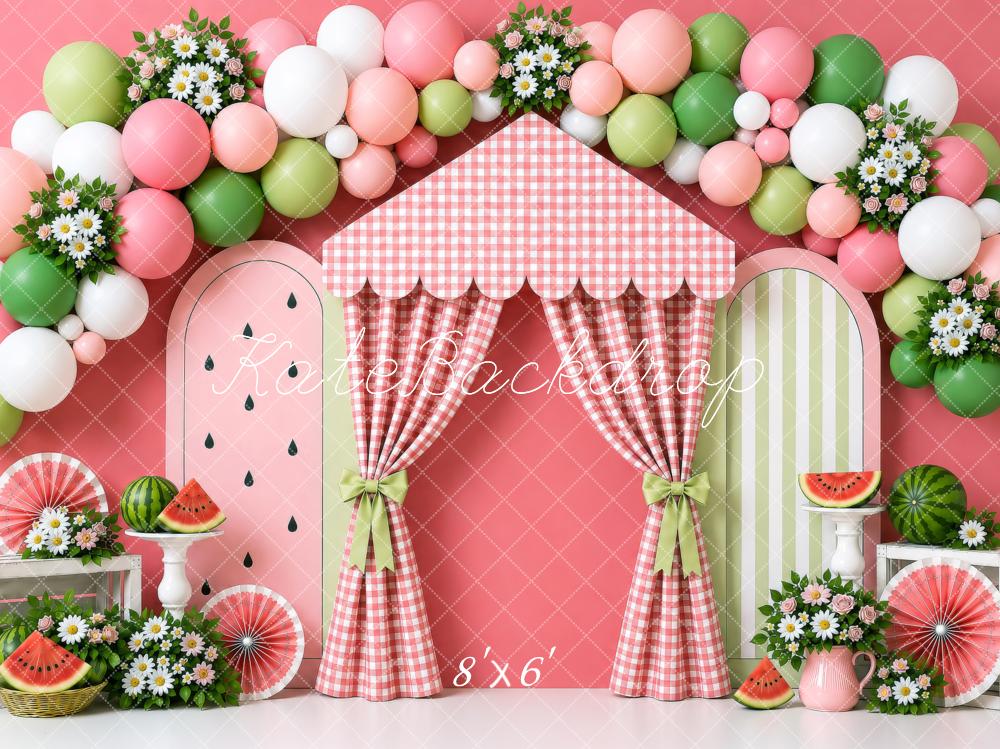 Kate Cake Smash Summer Watermelon Balloon Flowers Gingham Curtain Printed Backdrop Designed by Shutter Swan Studios