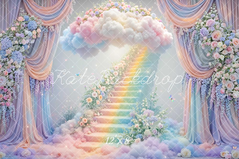 Kate Fairy Fantasy Rainbow Stairs Cloud Floral Arch Printed Backdrop Designed by Mini MakeBelieve