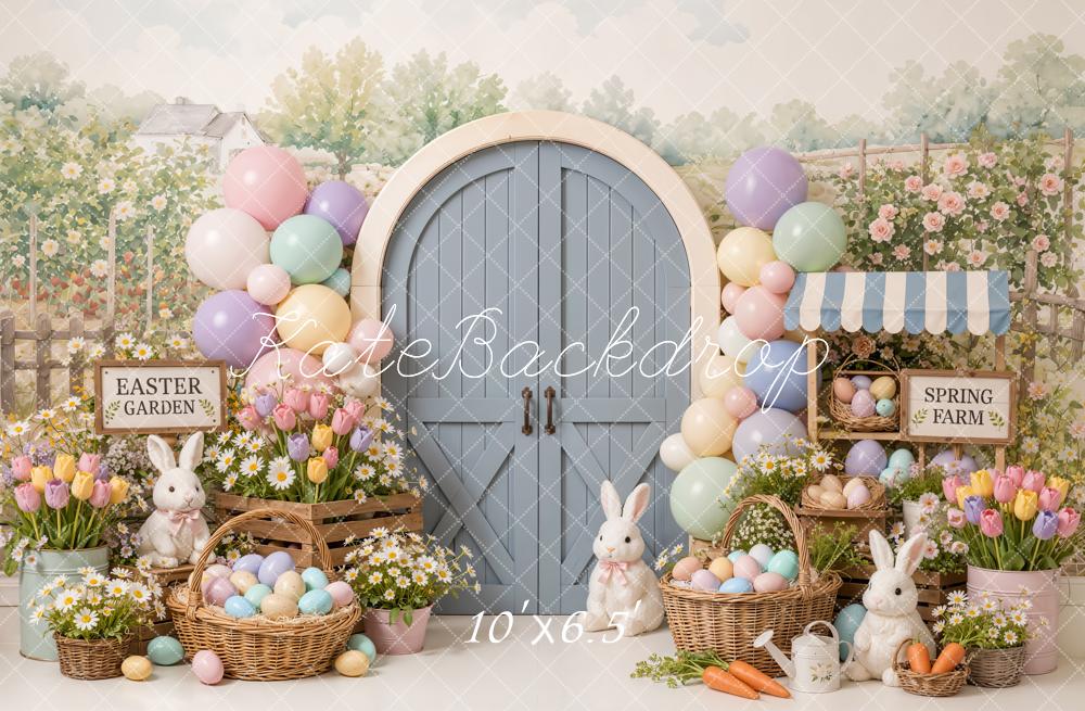 Kate Easter Cake Smash Balloons Bunny Garden Barn Door Printed Backdrop Designed by Emetselch