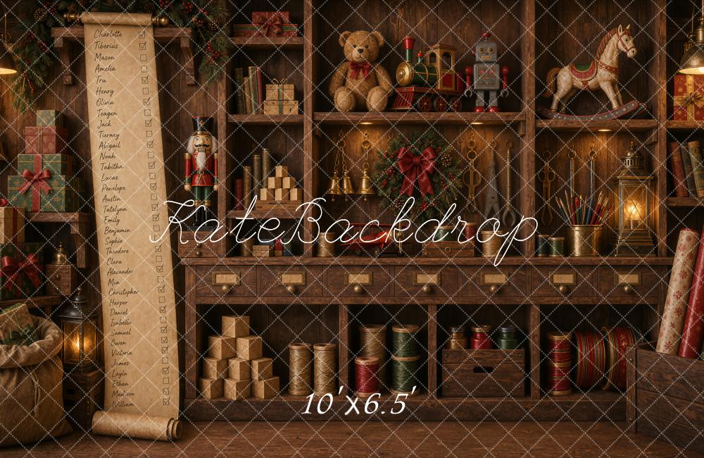 Kate Christmas Santas Workshop Toy Shelf Nutcracker Train Wreath Printed Backdrop Designed by Ashley Ward